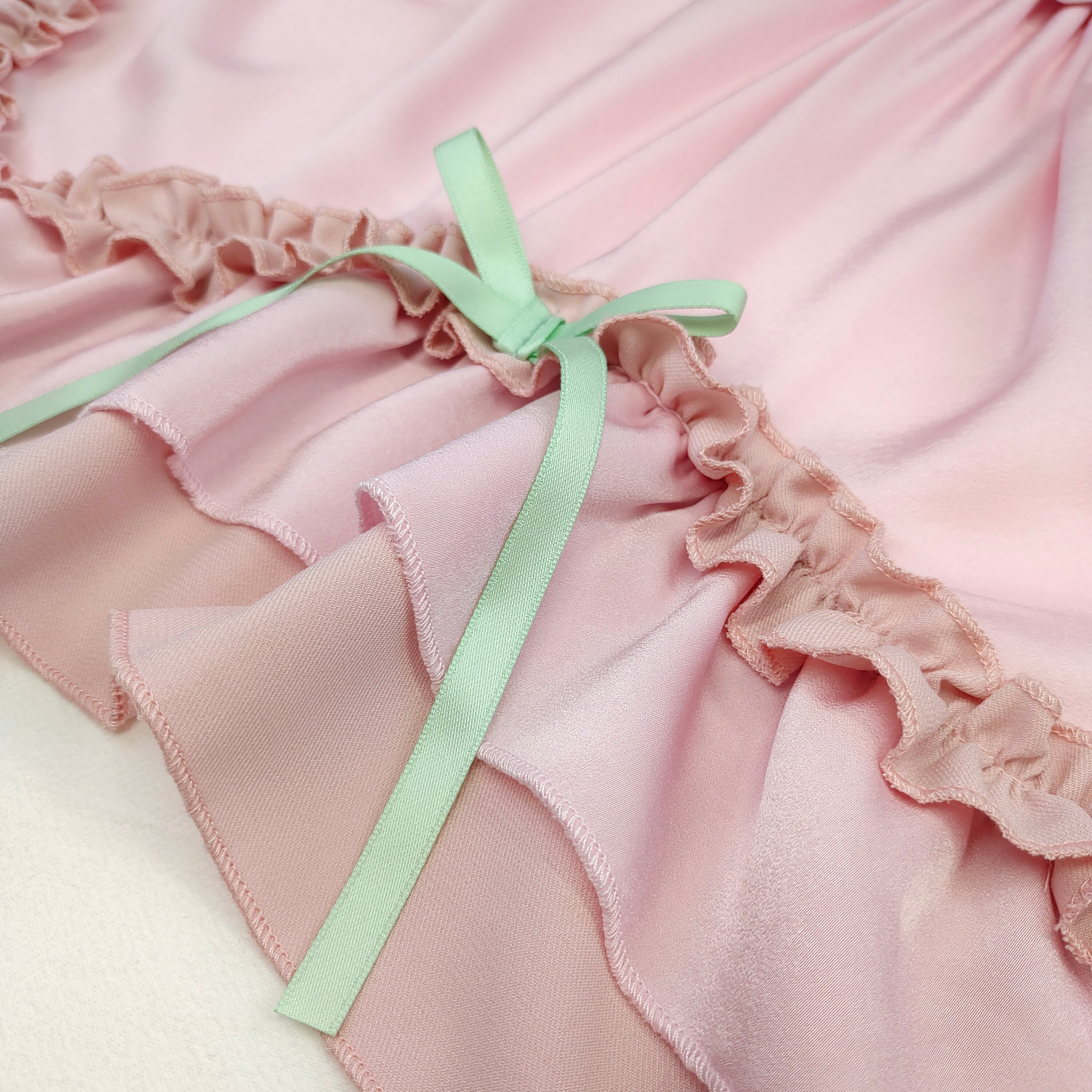 Sweet Lolita Pink Dress Ruffle Layered Princess JSK with Bows and Puff Sleeves